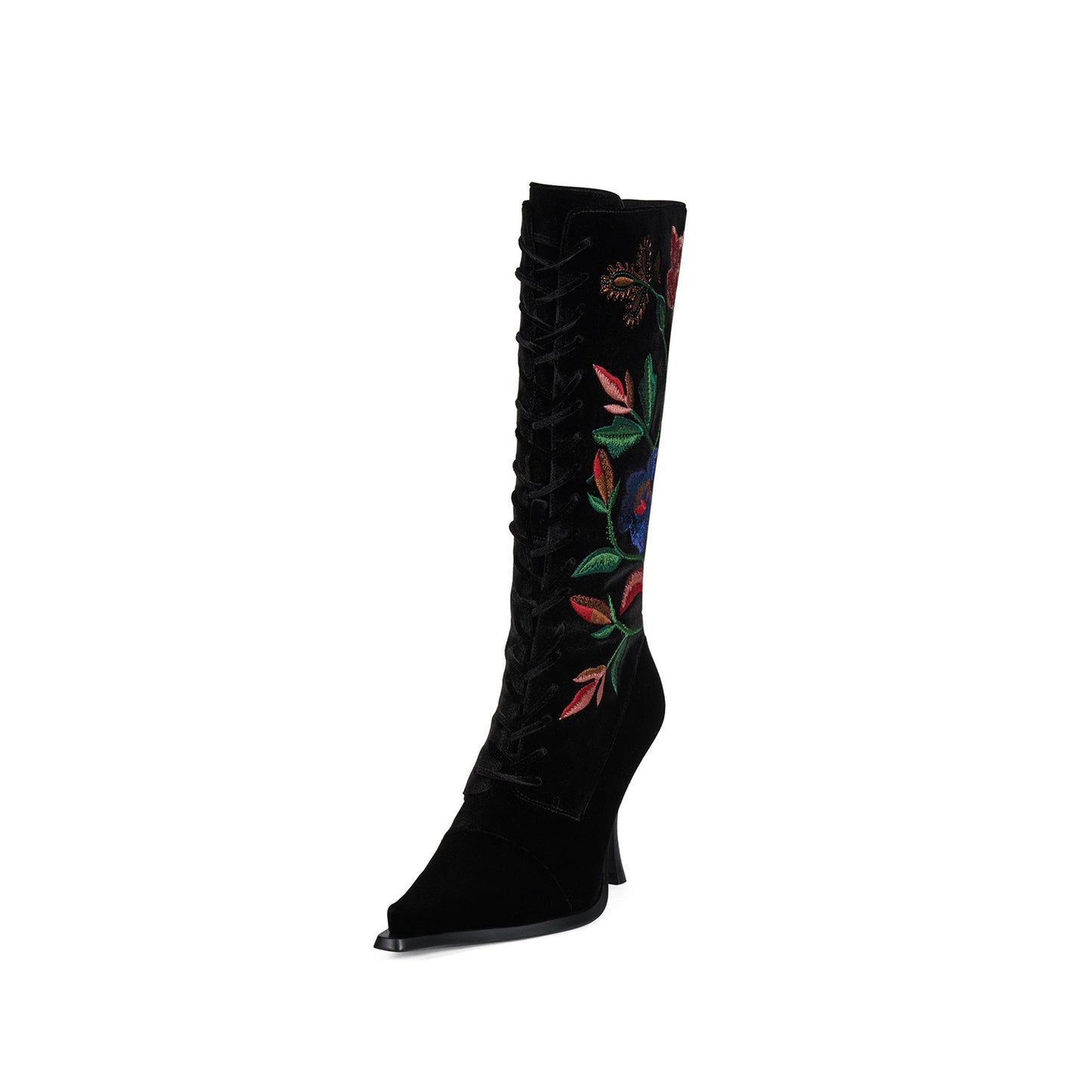 Black Velvet Pointed-Toe Colorful Flowers Embroidery Front Lace-Up Full-Zip Knee High Stiletto Boots