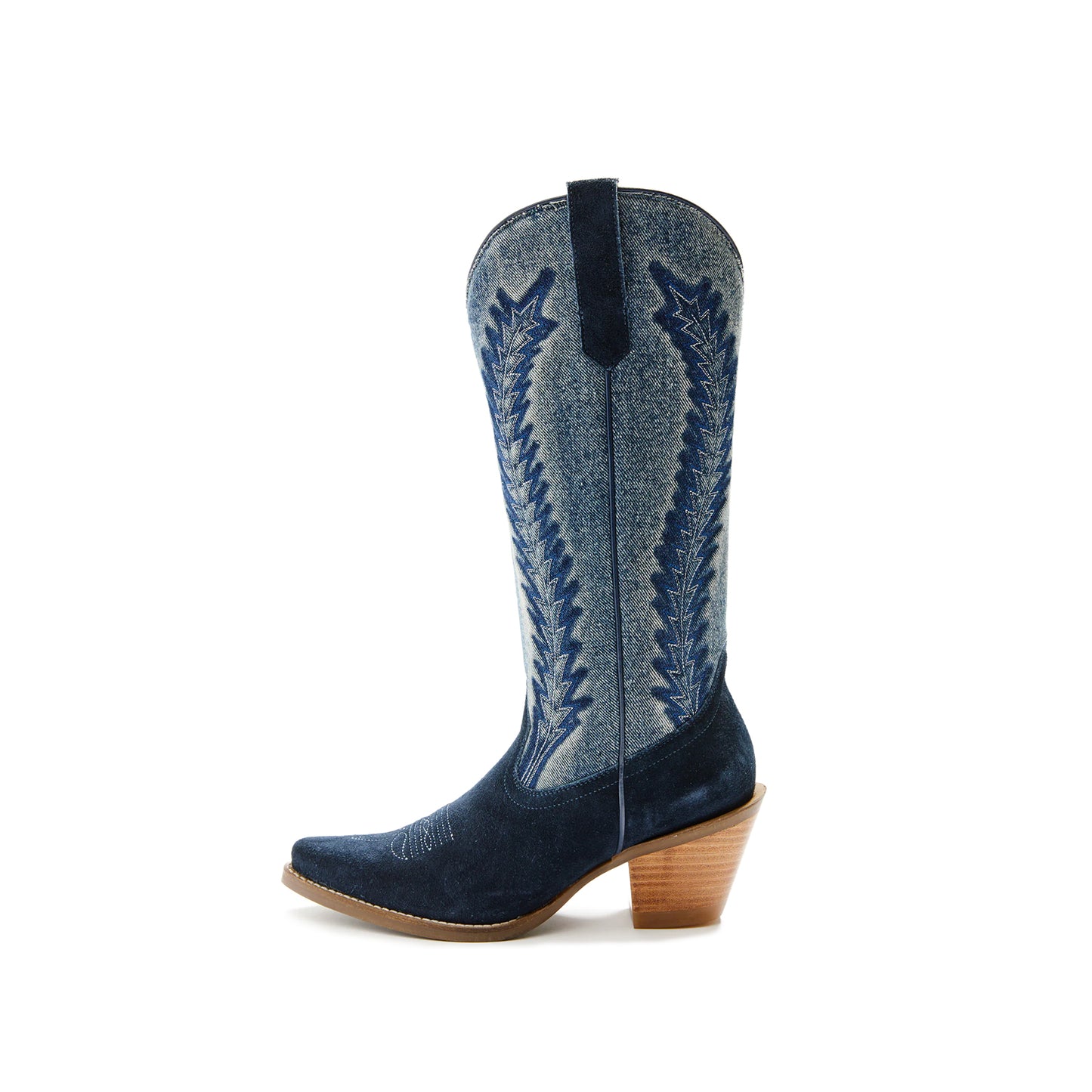 Contrast Blue Denim and Navy Faux Suede Snip-Toe Embroidery Knee High Cowgirl Boots