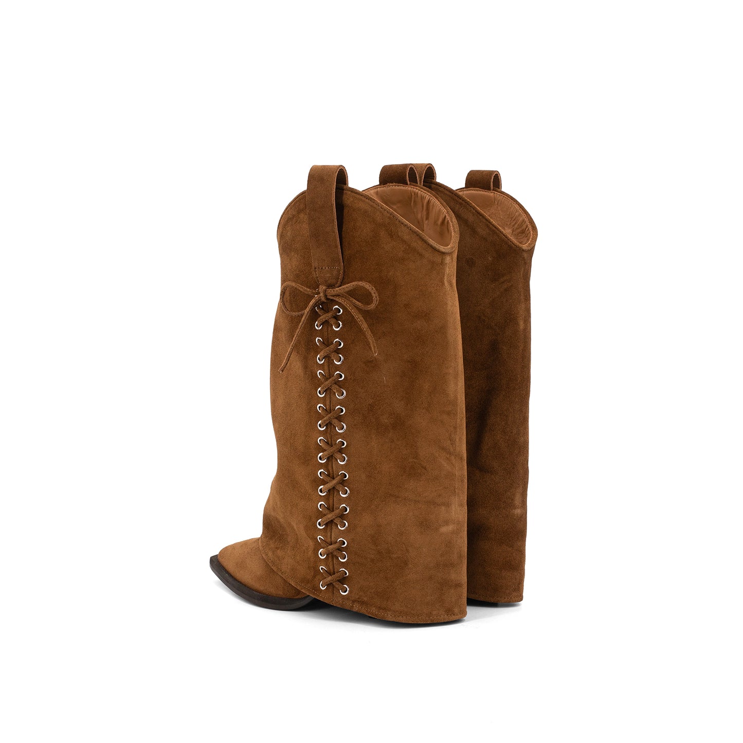 Tan Faux Suede Pointed-Toe Fold-Over Side Lace-Up Mid Calf Cowgirl Boots