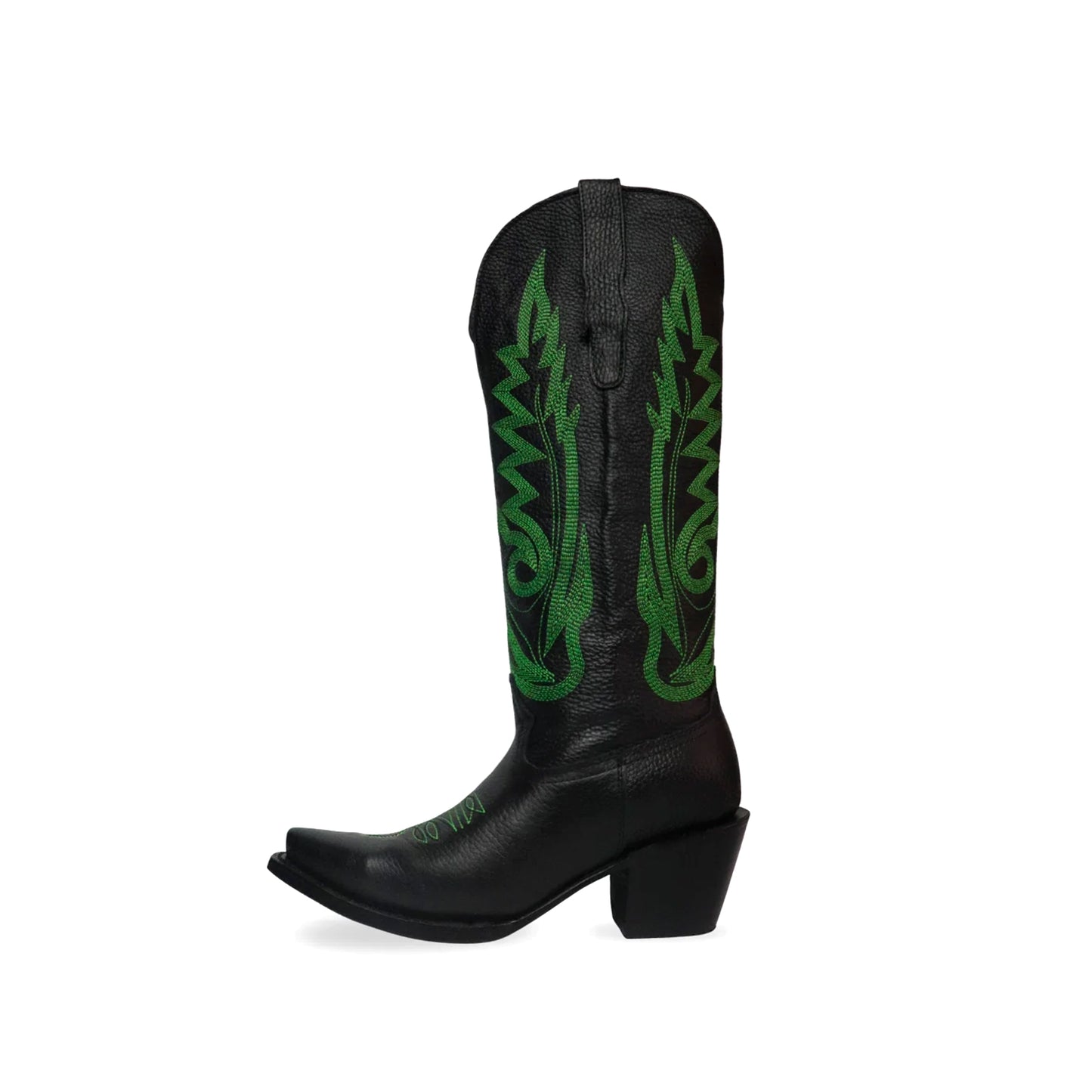 Black Snip-Toe Green Embroidery Mid Calf Cowgirl Boots
