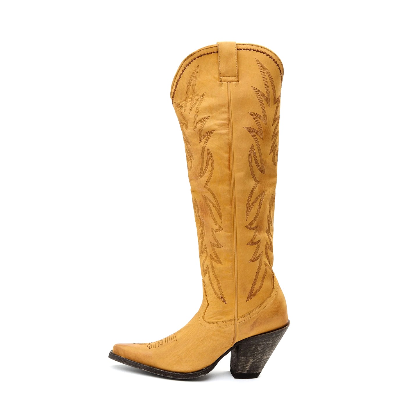 Tan Snip-Toe Embroidery Half-Zip Knee High Tall Cowgirl Boots