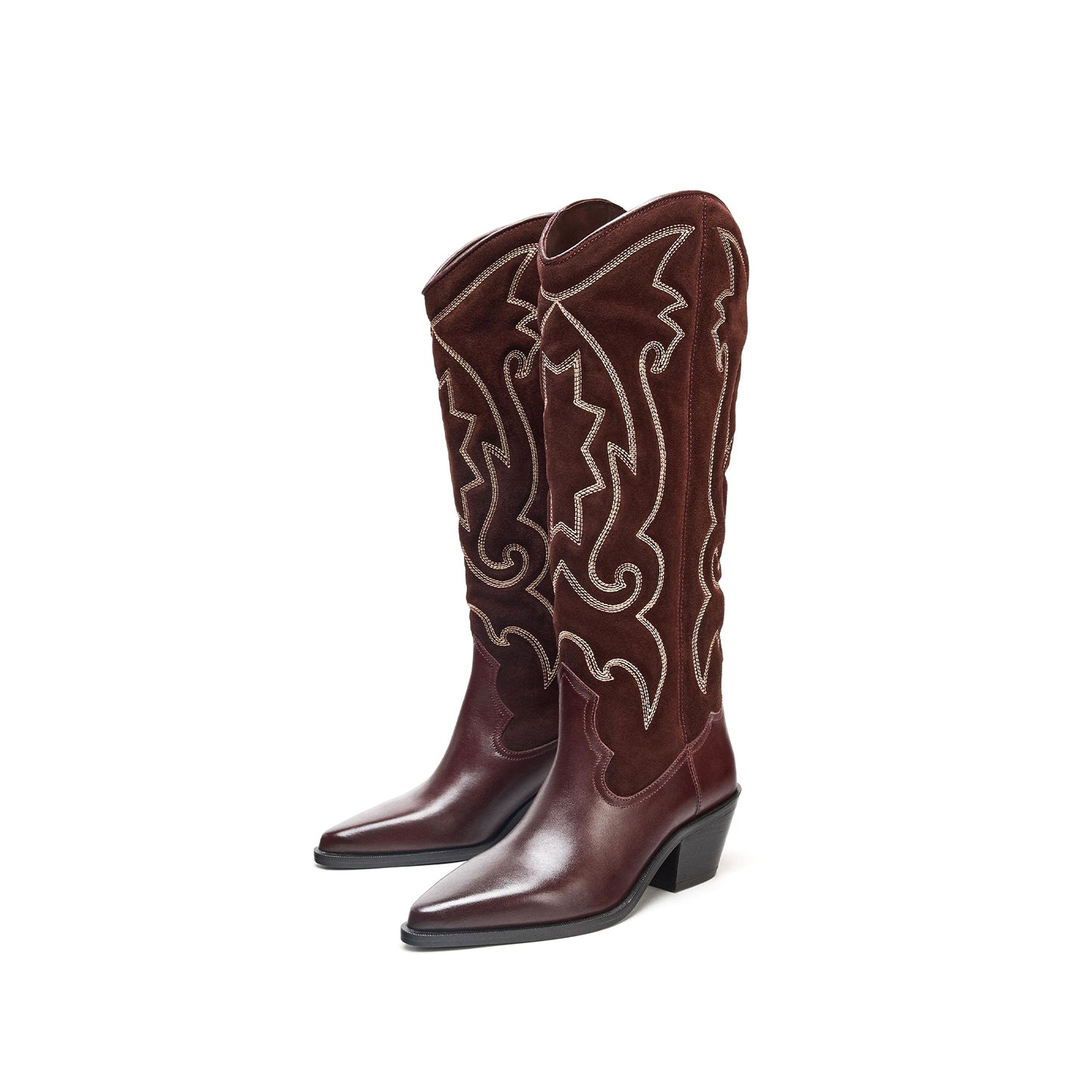 Burgundy Pointed-Toe Embroidery Wide Calf Tall Knee High Cowgirl Boots