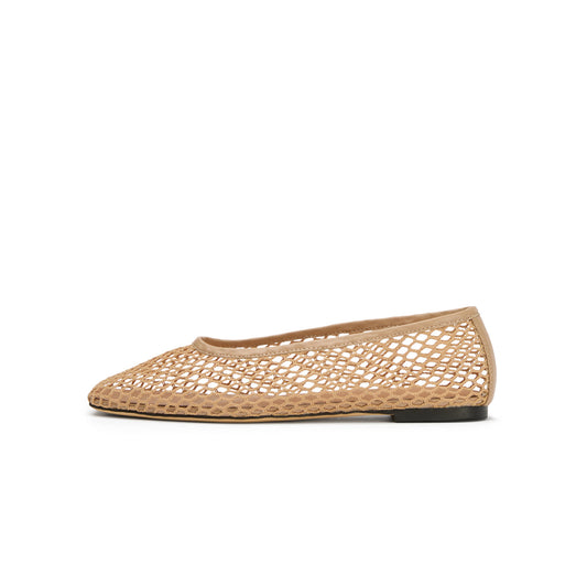 Nude Mesh Vegan Leather Square-Toe Ballet Flats