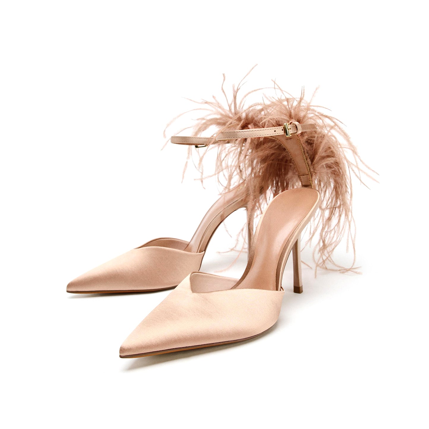 Beige Satin Pointed-Toe Ankle Strap Back Feather Stiletto High Heels