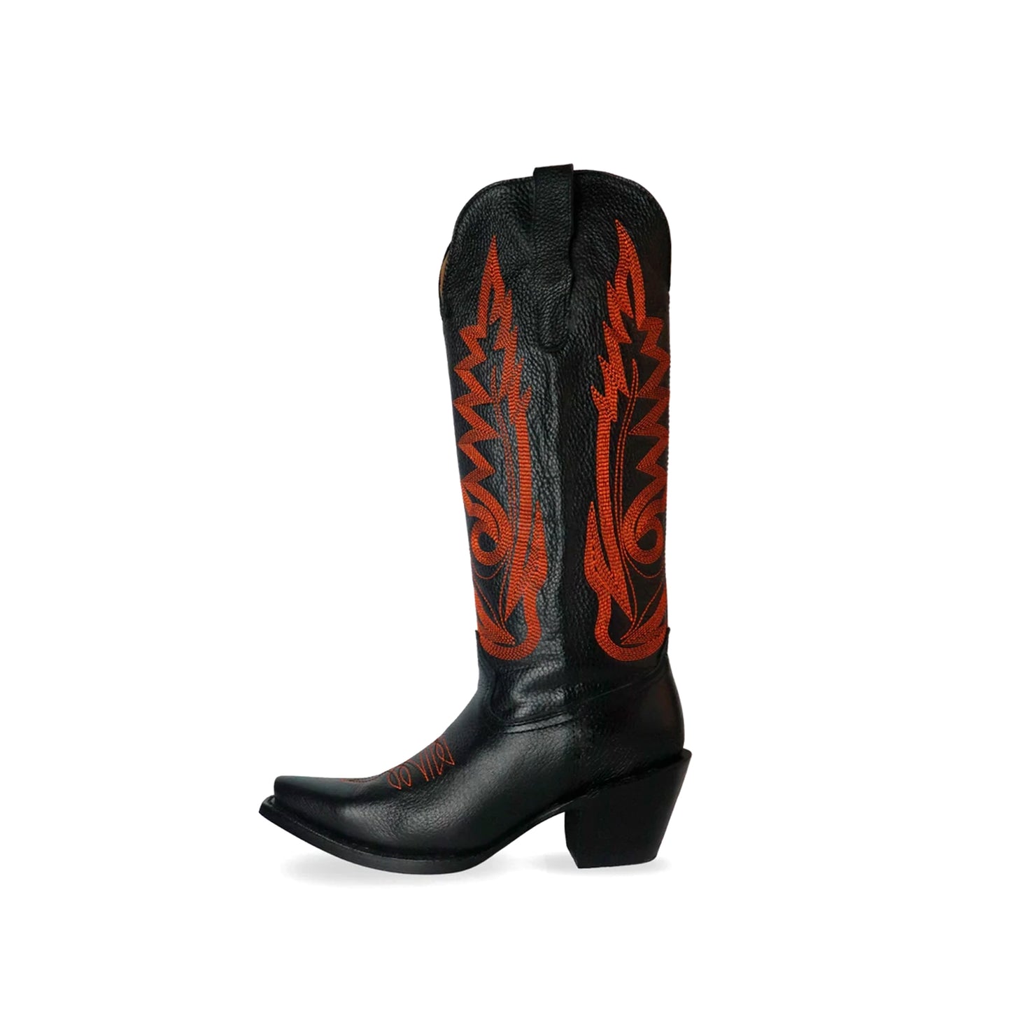 Black Snip-Toe Orange Embroidery Mid Calf Cowgirl Boots