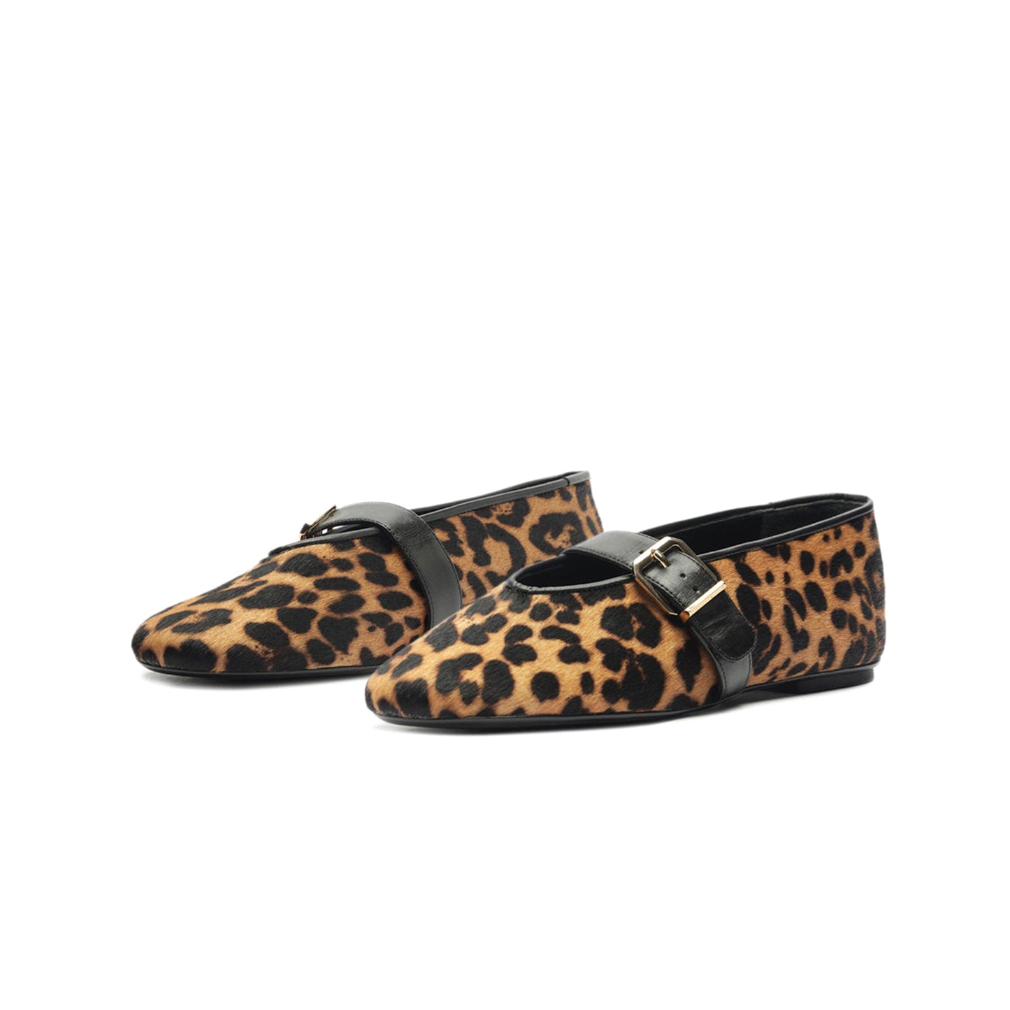Leopard Pony Hair Round-Toe Bridge Strap Buckle Flats