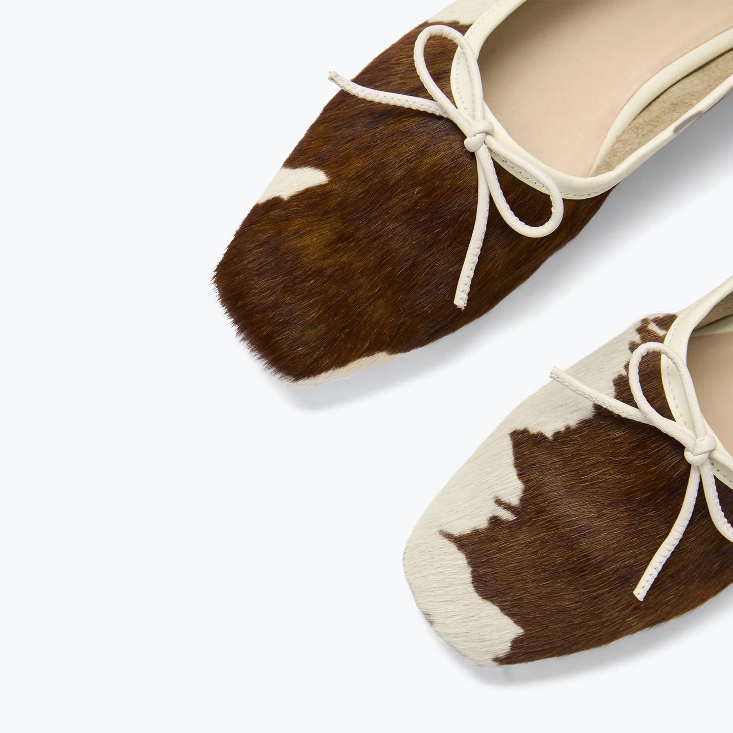 Cow Print Pony Hair Square-Toe Front Bow Ballet Flats