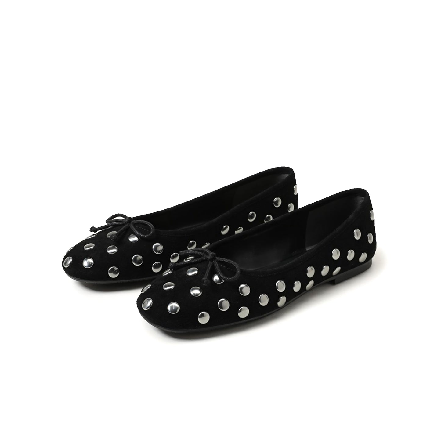 Black Faux Suede Square-Toe Studded Slip-On Flats