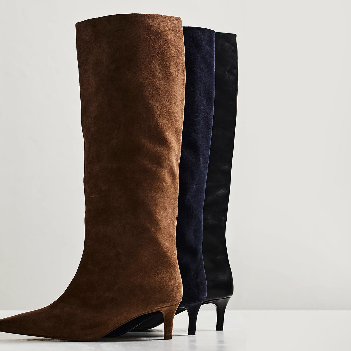 Tan Faux Suede Pointed-Toe Wide Calf Knee High Stiletto Boots