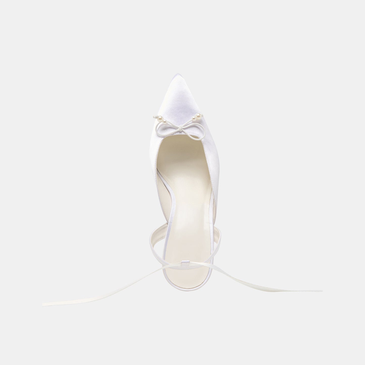 White Satin Pointed-Toe Pearl Front Bow Slingback Ankle Strap Kitten Heels