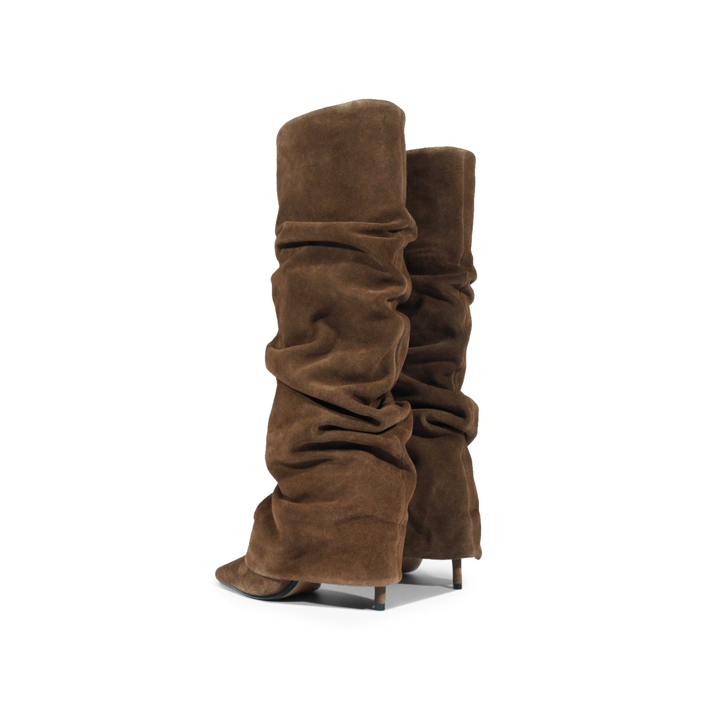 Brown Faux Suede Pointed-Toe Tall Fold-Over Wide Calf Knee High Stiletto Boots