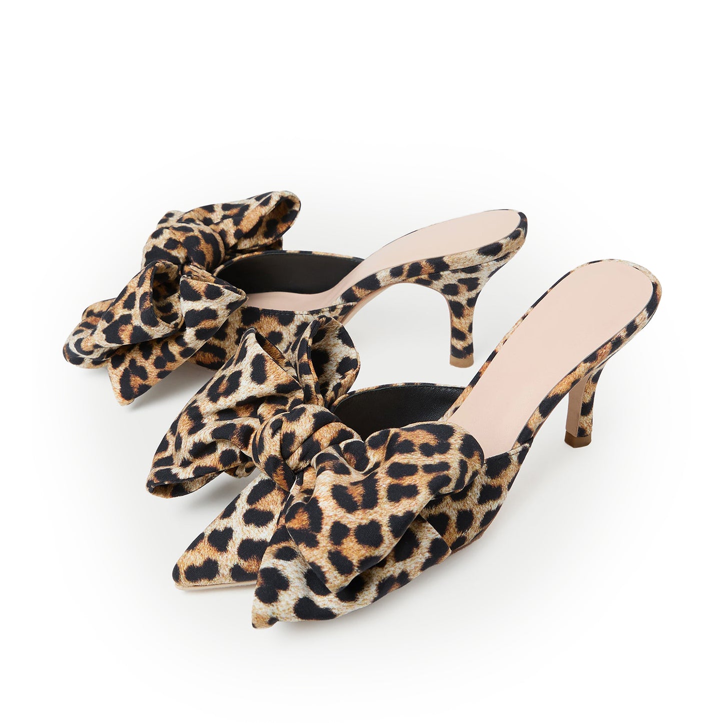 Leopard Satin Pointed-Toe Front Big Bow High Heels