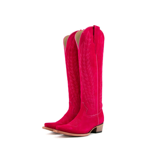 Candy Red Faux Suede Snip-Toe Embroidery Half-Zip Knee High Cowgirl Boots