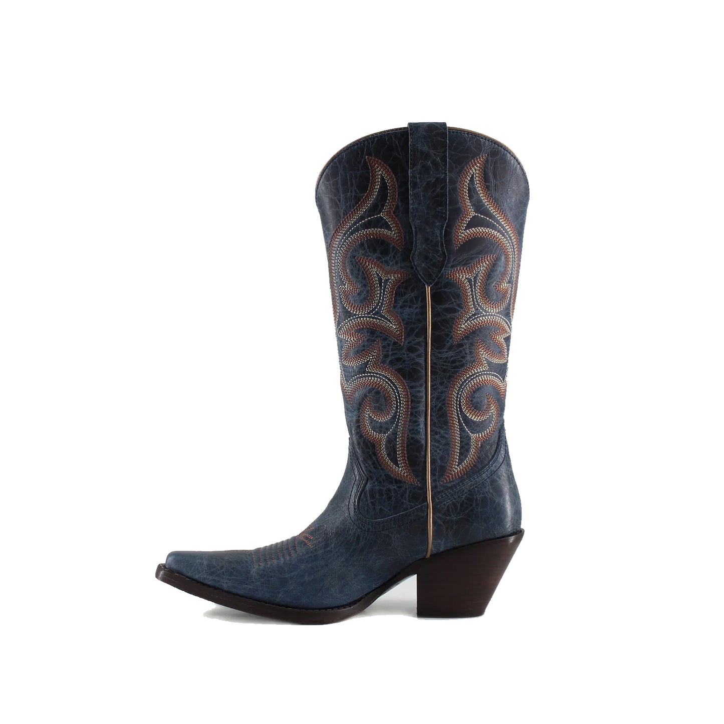 Distressed Dark Blue Snip-Toe Mid Calf Embroidery Cowgirl Boots