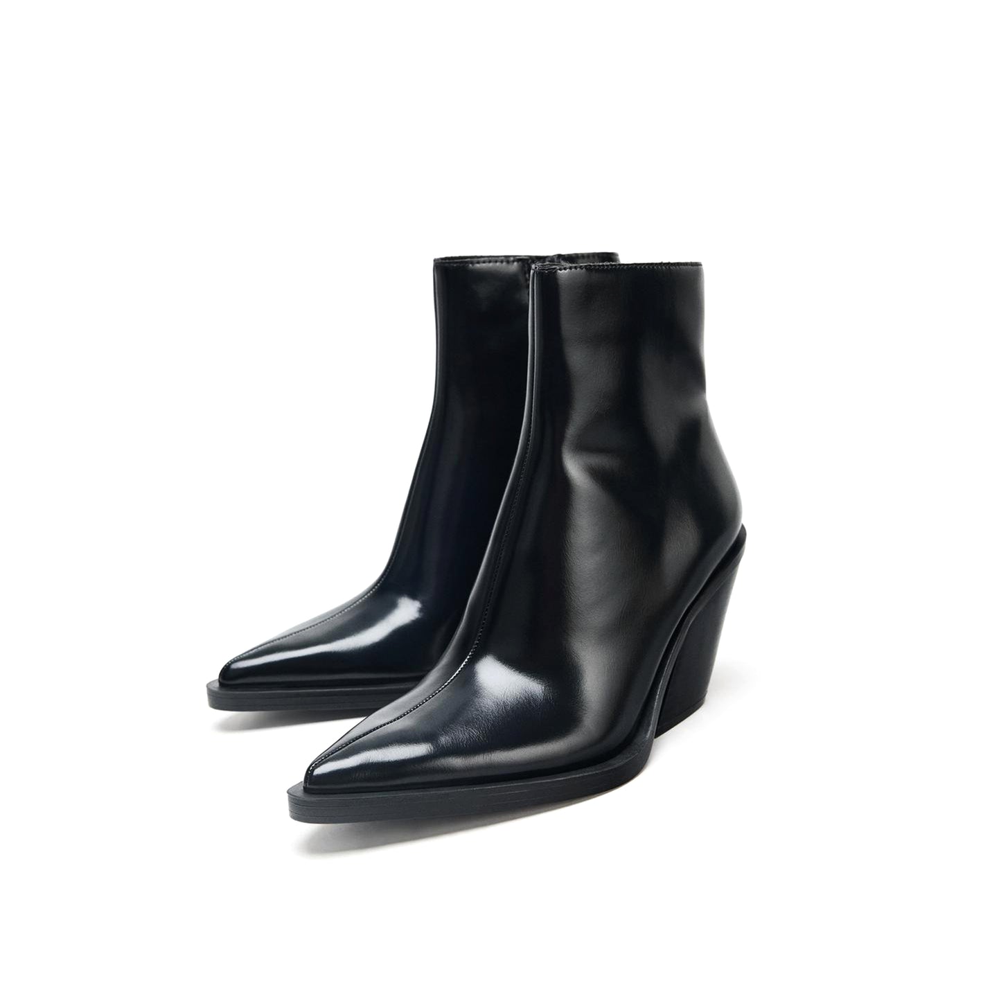 Black Pointed-Toe Full-Zip Simple Ankle Cowgirl Boots
