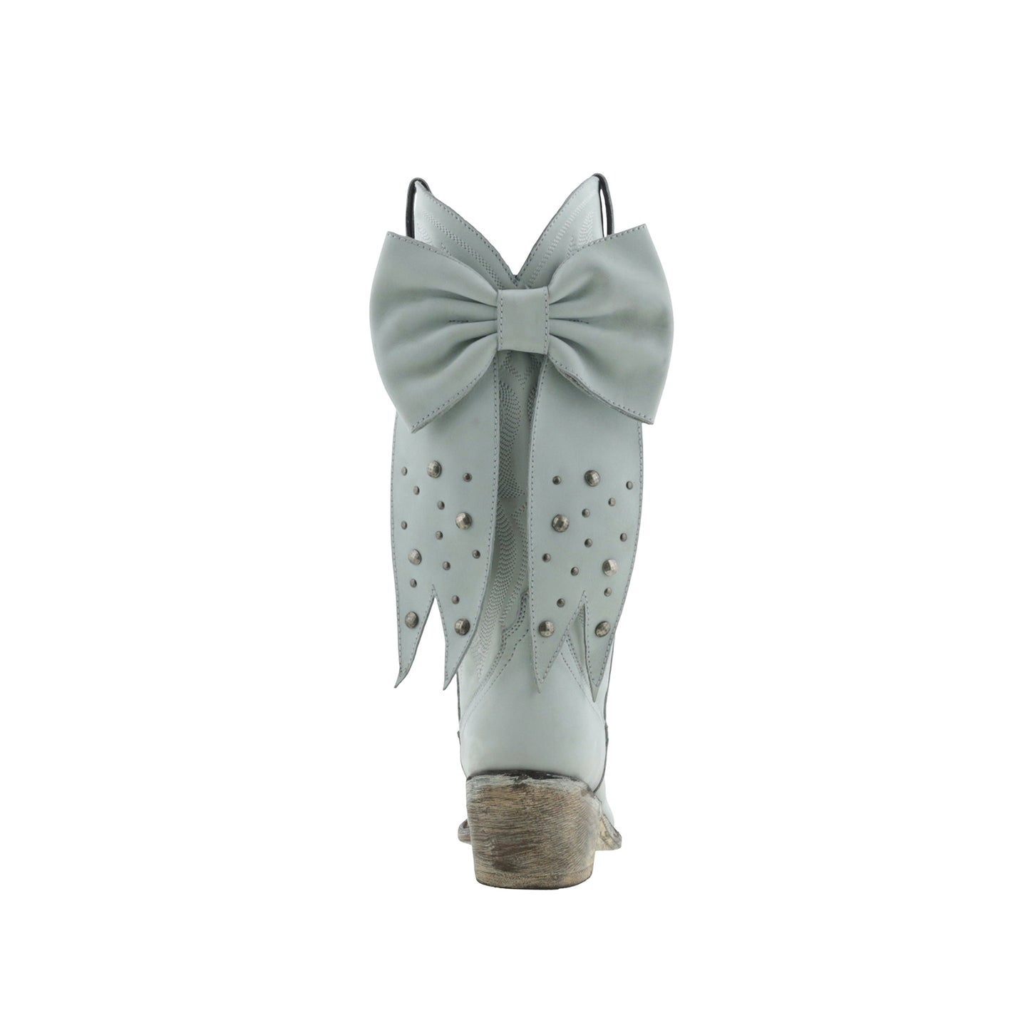 Gray Pointed-Toe Embroidery Back Studded Bow Mid Calf Cowgirl Boots