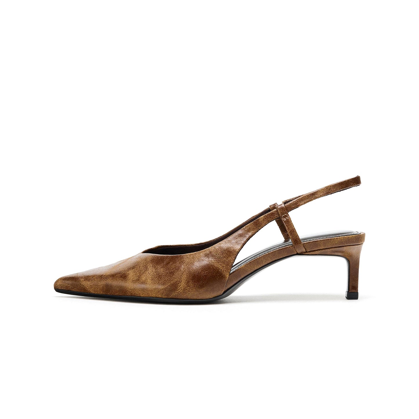 Distressed Brown Pointed-Toe Slingback Kitten Heels