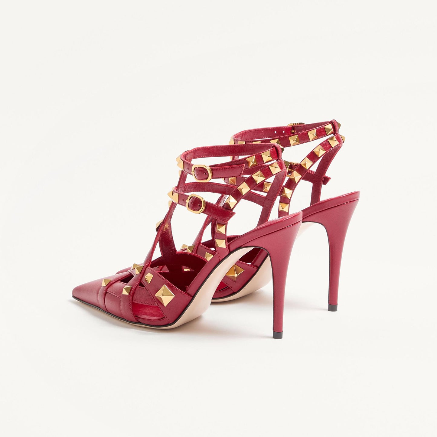Red Pointed-Toe Studded Strappy Ankle Strap High Heels