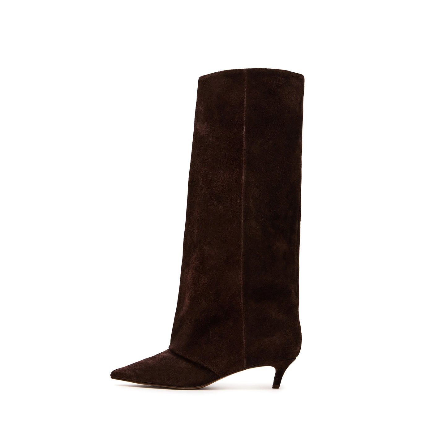 Brown Faux Suede Pointed-Toe Fold-Over Wide Calf Knee High Stiletto Boots