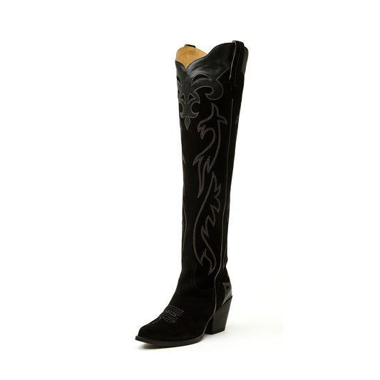 Black Faux Suede Round-Toe Half-Zip Embroidery Tall Knee High Cowgirl Boots