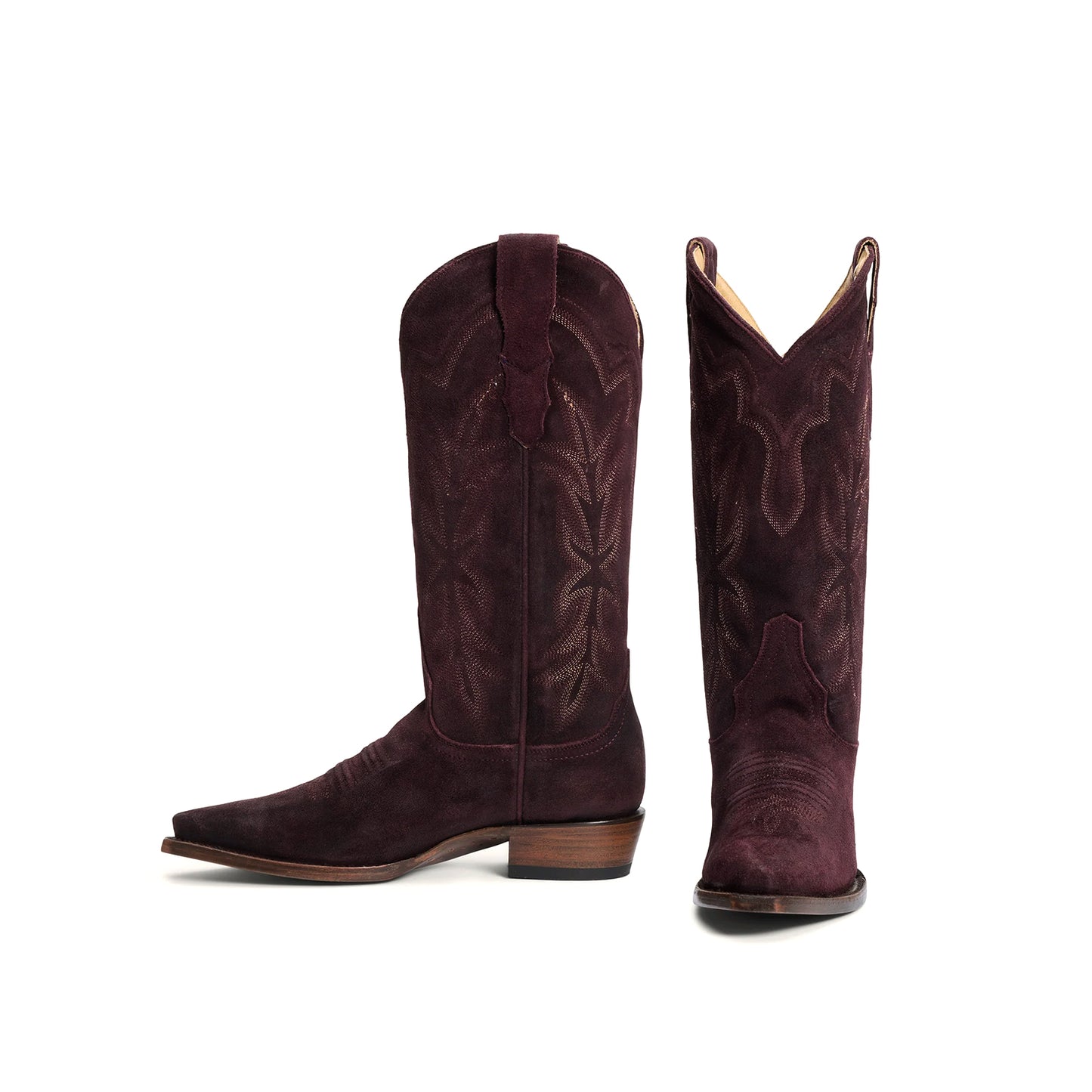 Wine Red Faux Suede Snip-Toe Embroidery Mid Calf Cowgirl Boots