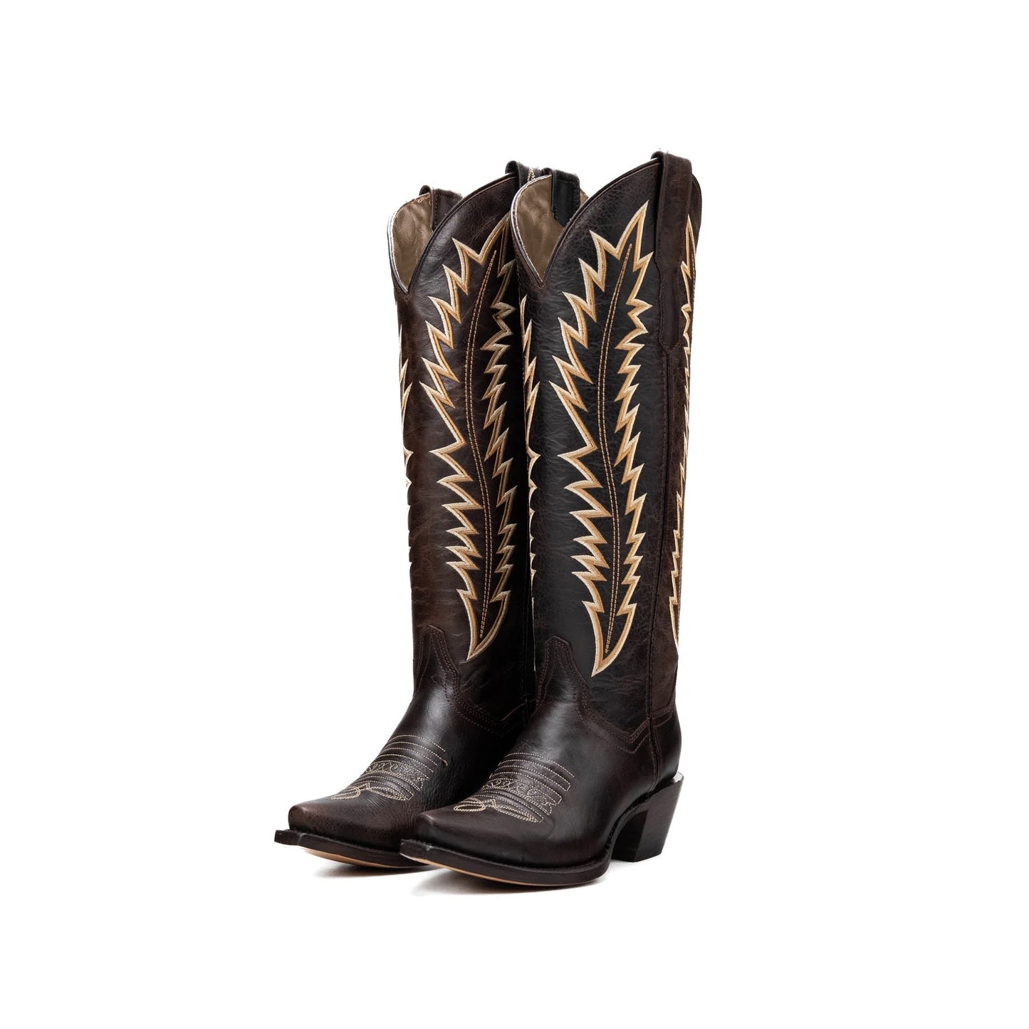 Dark Brown Snip-Toe Embroidery Wide Calf Knee High Cowgirl Boots