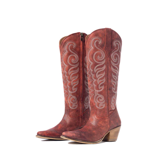 Distressed Red Almond-Toe Curled Embroidery Full-Zip Knee High Cowgirl Boots