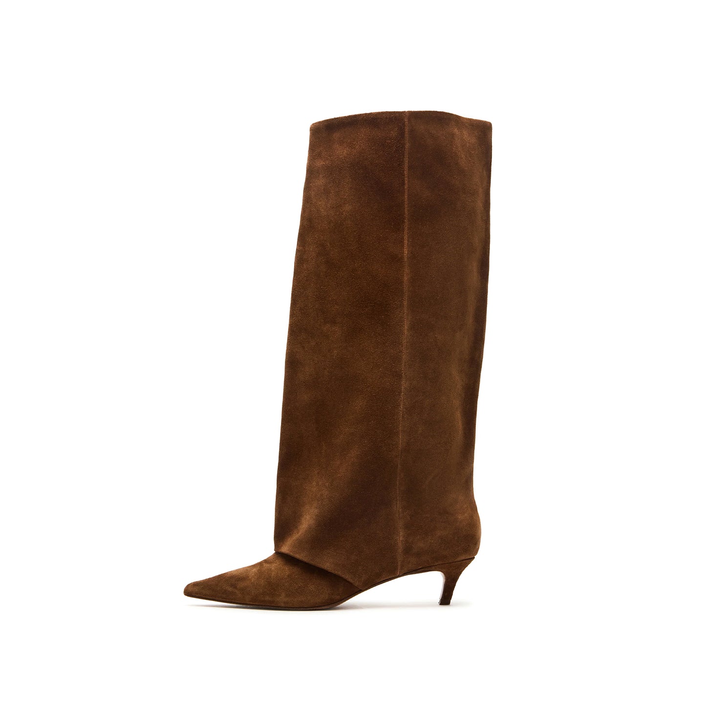 Chestnut Faux Suede Pointed-Toe Fold-Over Wide Calf Knee High Stiletto Boots
