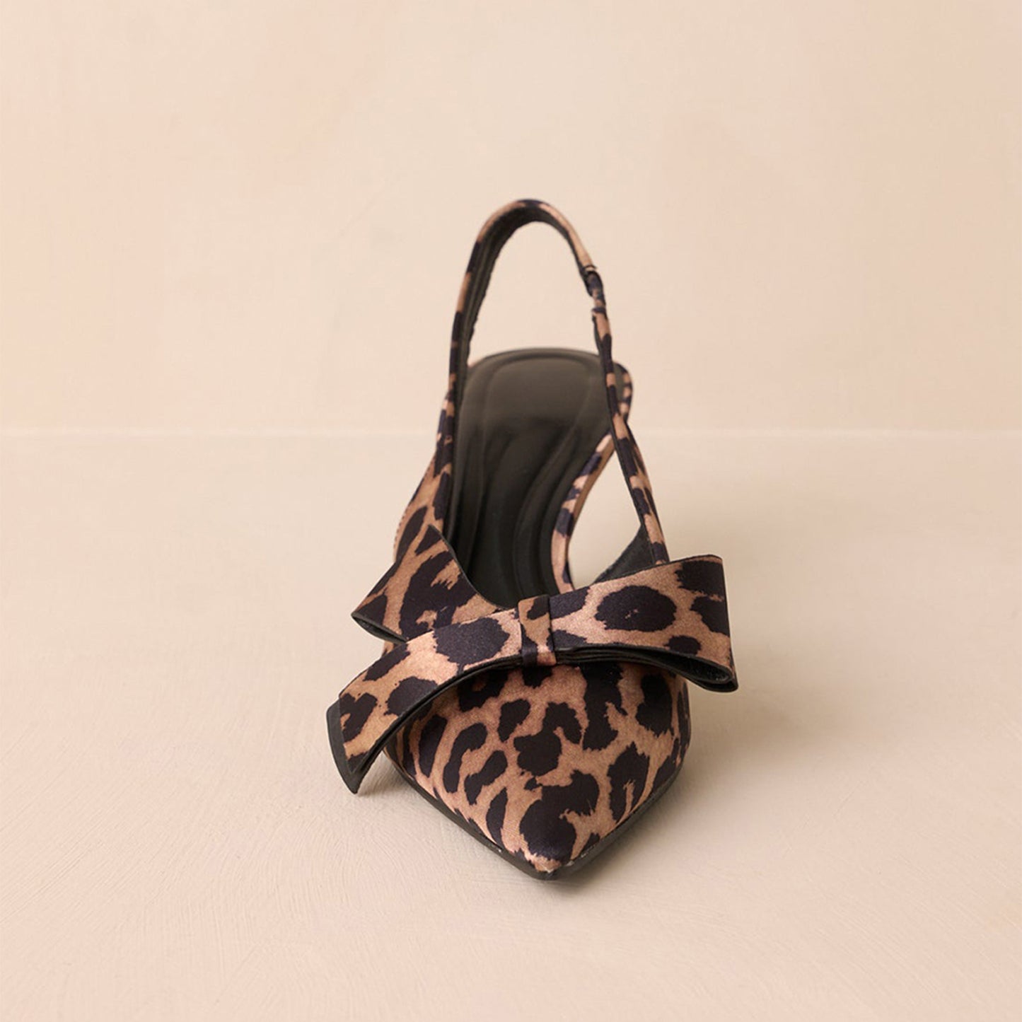 Leopard Satin Pointed-Toe Front Bow Slingback Kitten Heels