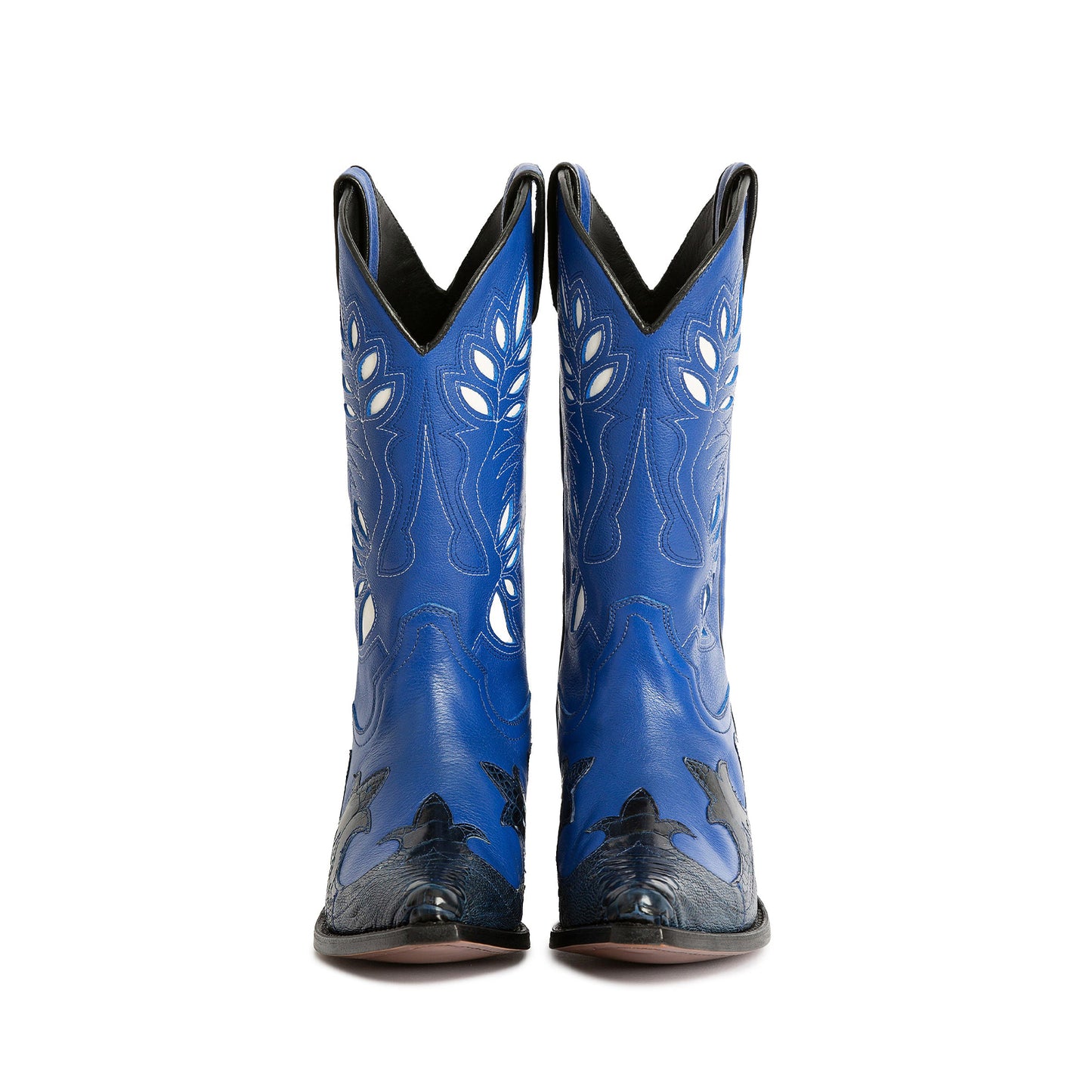 Contrast Blue And Black Snakeskin Print Snip-Toe Inlays Mid Calf Cowgirl Boots