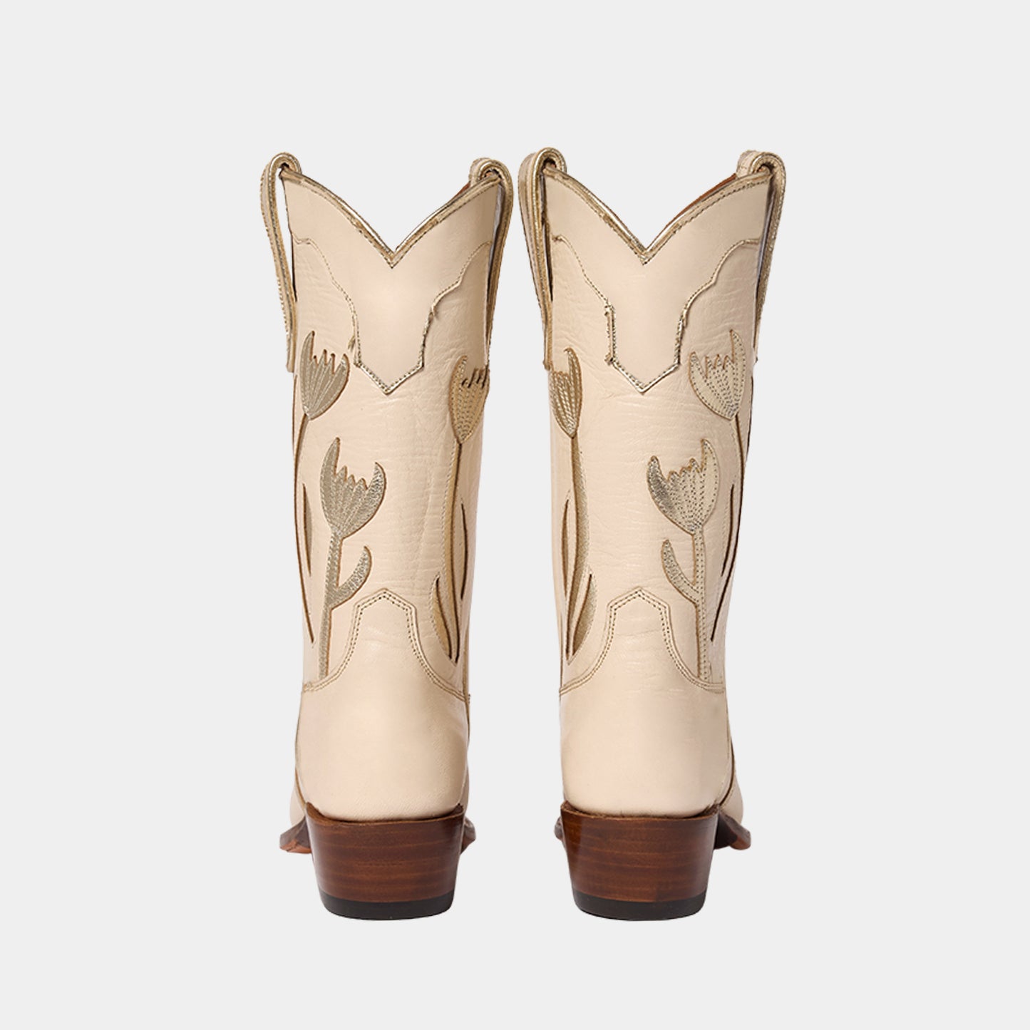 Cream Snip-Toe Metallic Champagne Tulip Inlay Mid Calf Cowgirl Boots