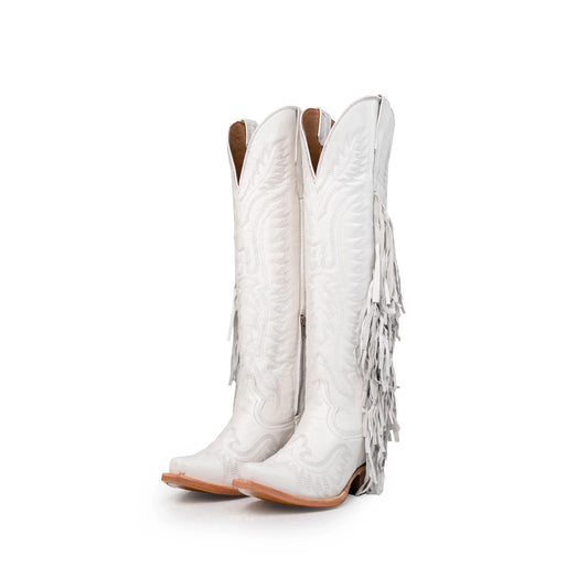 White Snip-Toe Embroidery Side Fringe Half-Zip Knee High Cowgirl Boots