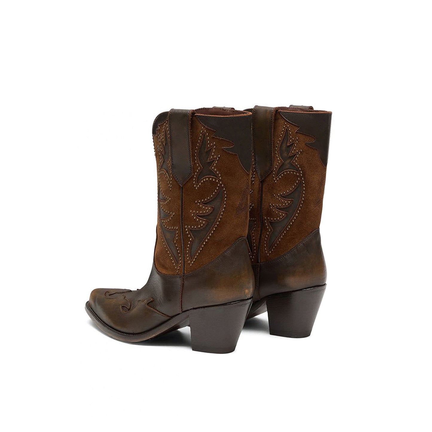 Brown Contrast Vegan Leather And Faux Suede Snip-Toe Studded Inlay Mid Calf Cowgirl Boots