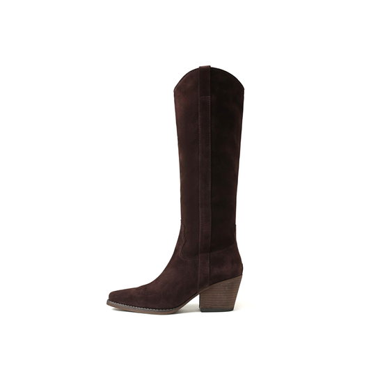 Chocolate Faux Suede Pointed-Toe Half-Zip Knee High Cowgirl Boots