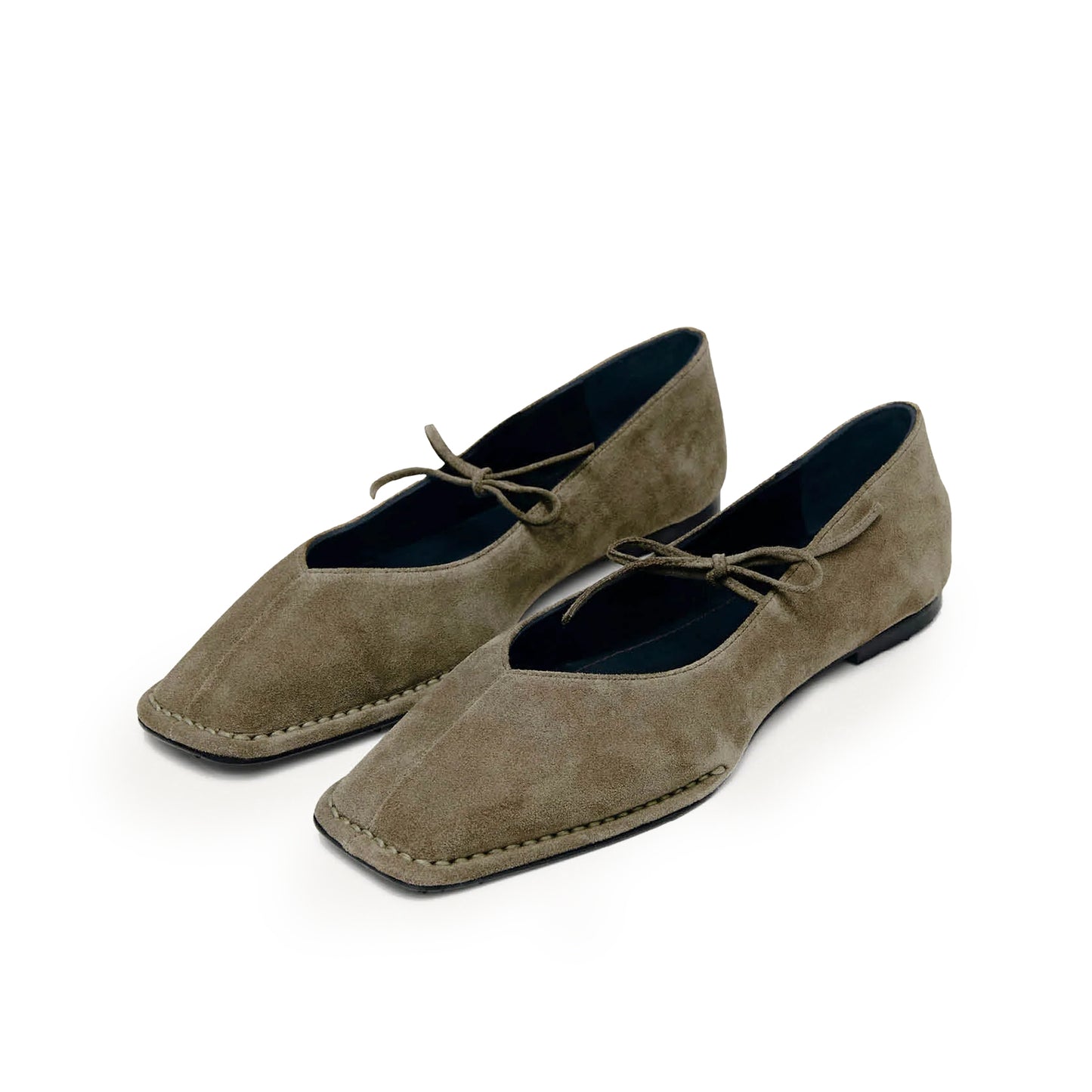 Khaki Faux Suede Square-Toe V-Cut Vamps Bridge Self-Tie Bow Ballet Flats