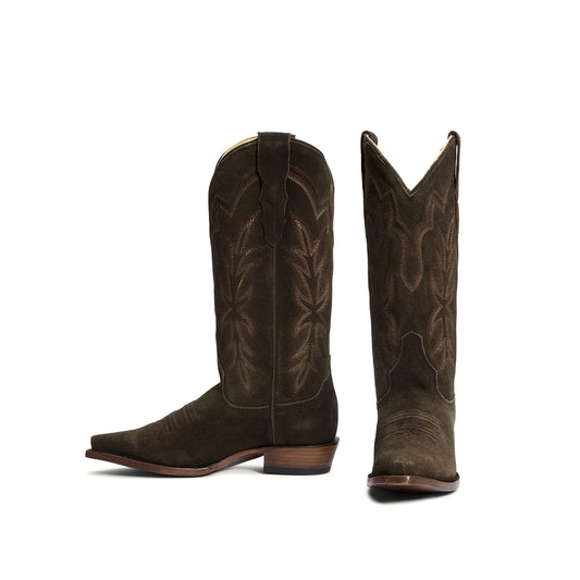 Olive Green Faux Suede Snip-Toe Embroidery Mid Calf Cowgirl Boots