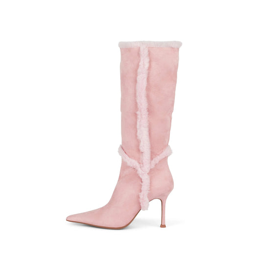 Pink Faux Suede Pointed-Toe Plush Fold-Over Knee High Stiletto Boots