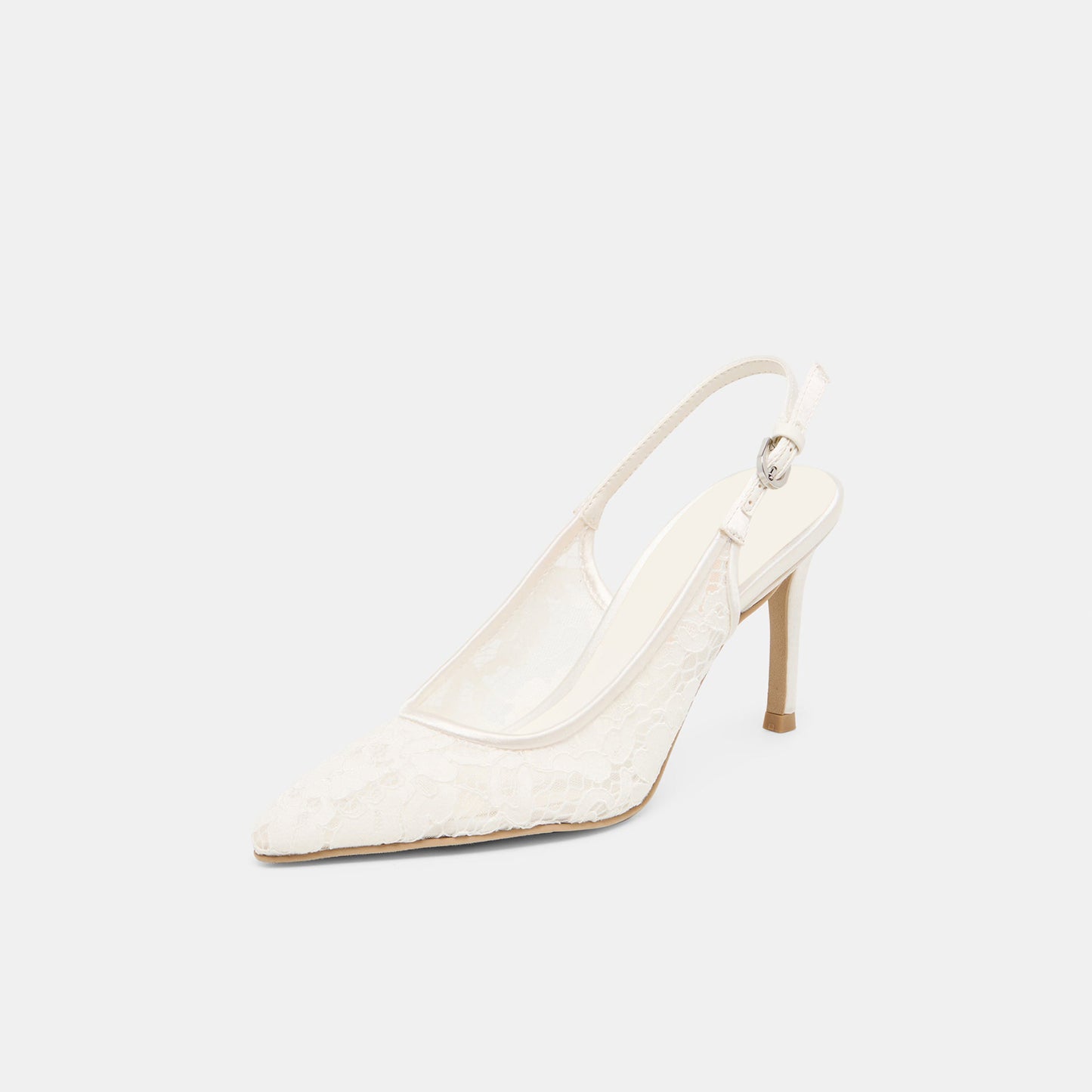 White Lace Mesh Pointed-Toe Satin Slingback Kitten Heels