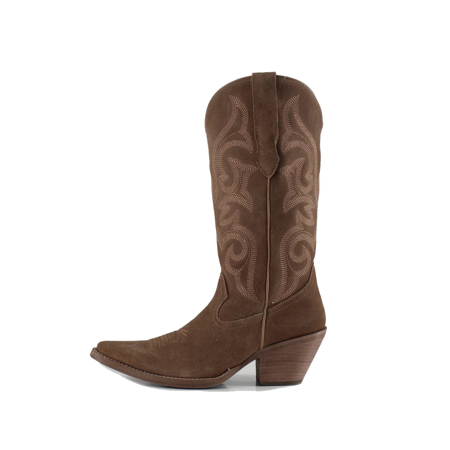 Camel Faux Suede Snip-Toe Mid Calf Embroidery Cowgirl Boots