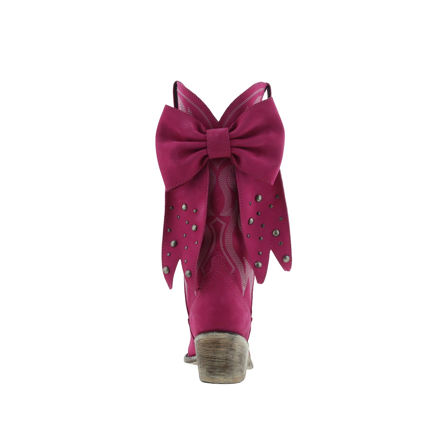 Fuchsia Pointed-Toe Embroidery Back Studded Bow Mid Calf Cowgirl Boots