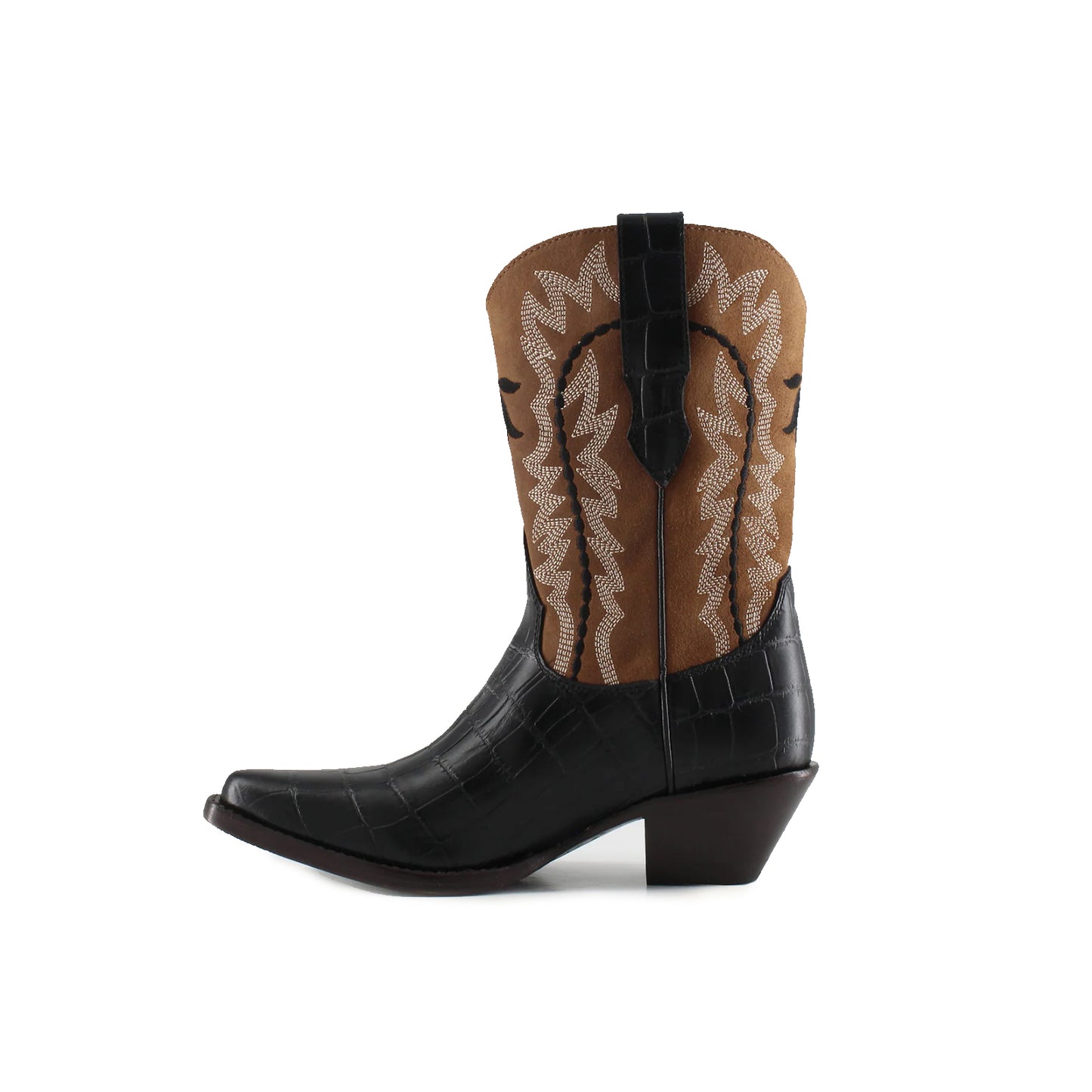 Contrast Tan And Black Snip-Toe Embroidery Mid Calf Cowgirl Boots
