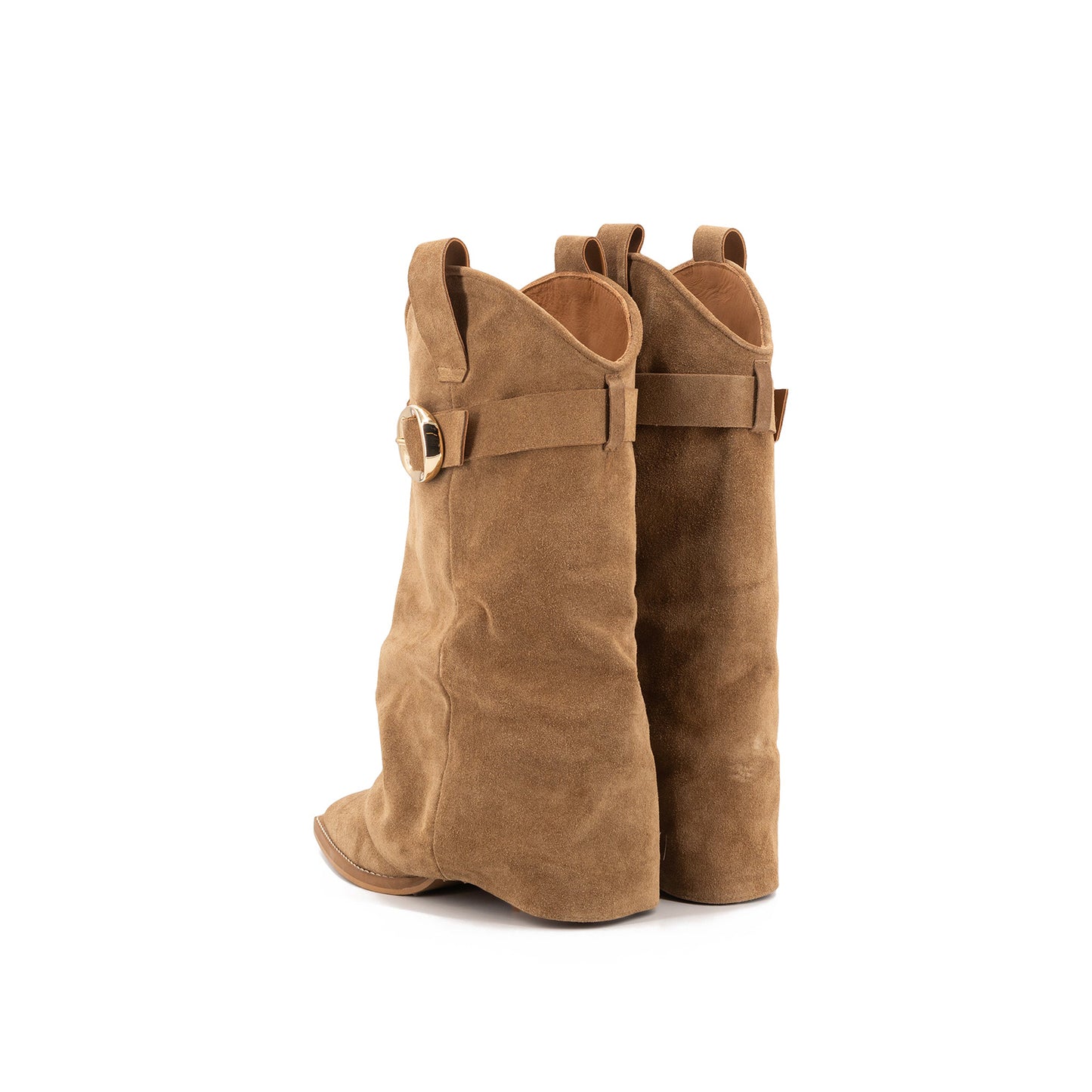 Tan Faux Suede Pointed-Toe Fold-Over Shaft Buckle Mid Calf Cowgirl Boots