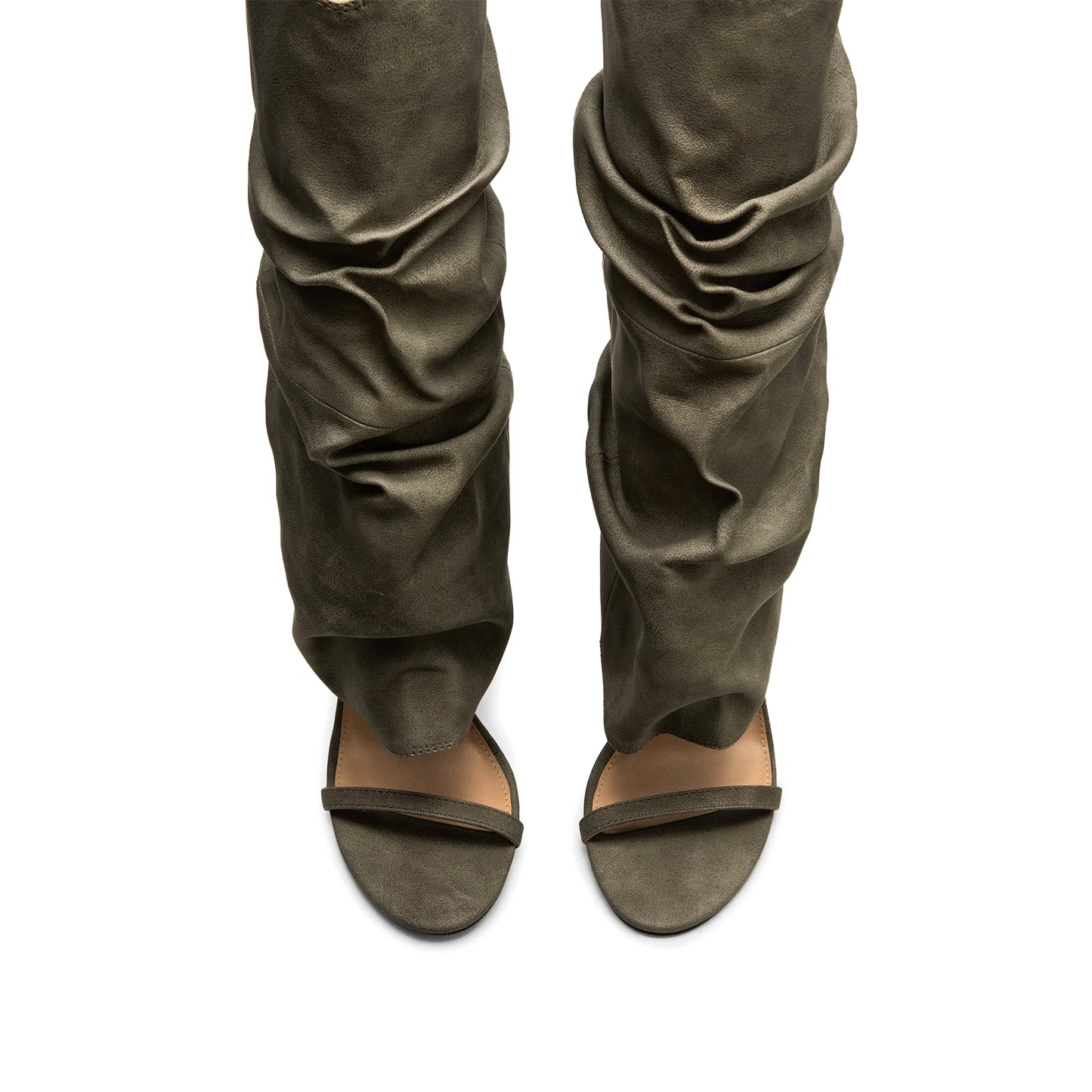 Gray Open Round-Toe Fold-Over Wide Calf Knee High Stiletto Boots