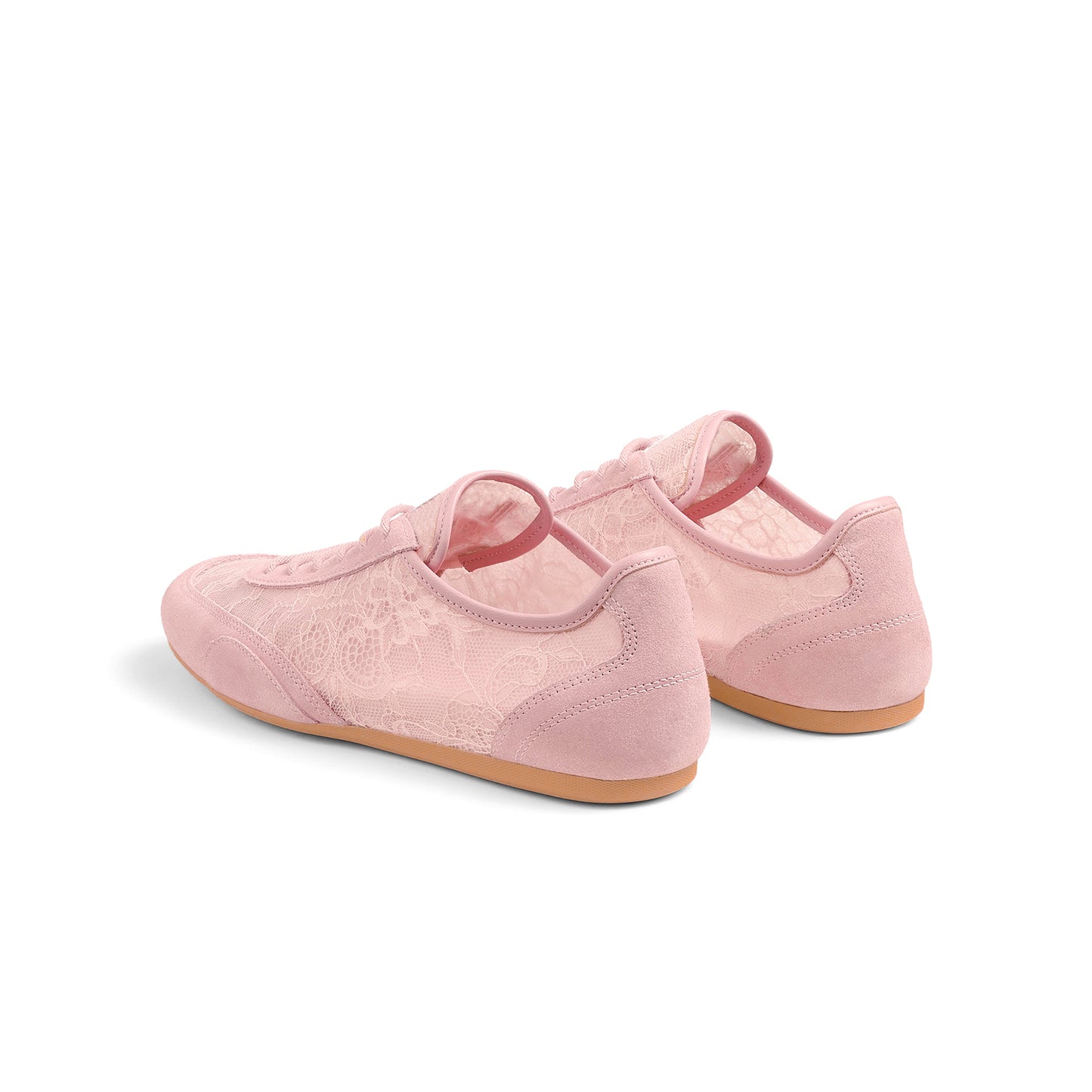 Blush Pink Faux Suede And Lace Mesh Round-Toe Lace-Up Sneakers Flats