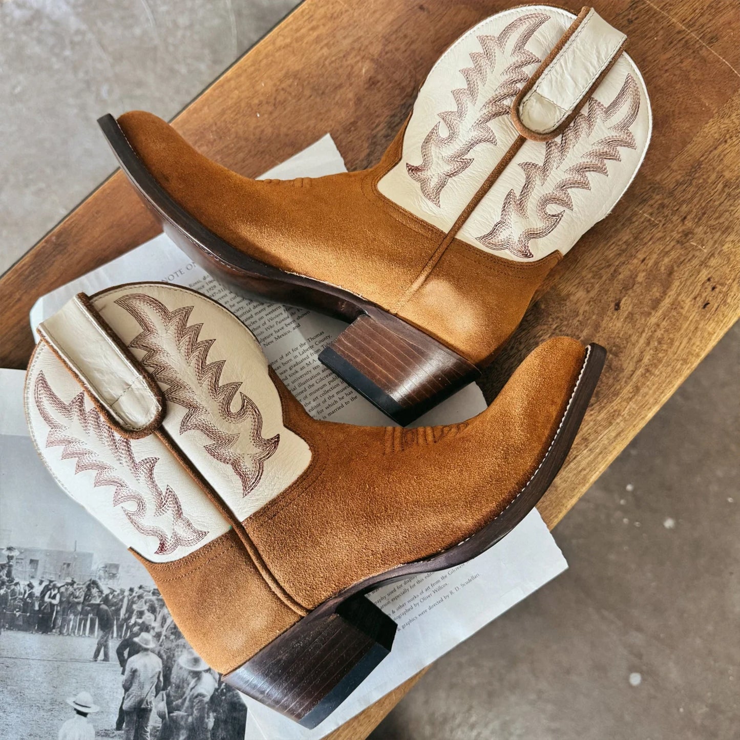 Contrast White And Brown Faux Suede Almond-Toe Embroidery Ankle Cowgirl Boots