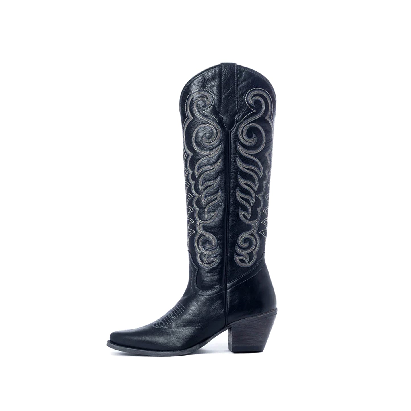 Black Almond-Toe Curled Embroidery Full-Zip Knee High Cowgirl Boots