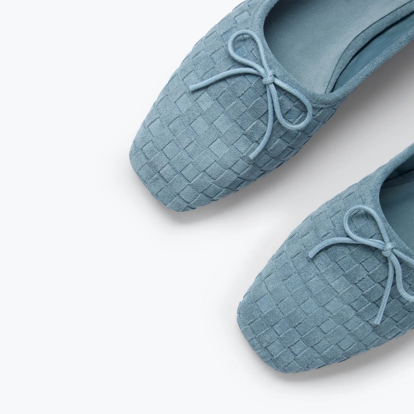 Blue Woven Faux Suede Square-Toe Front Bow Ballet Flats