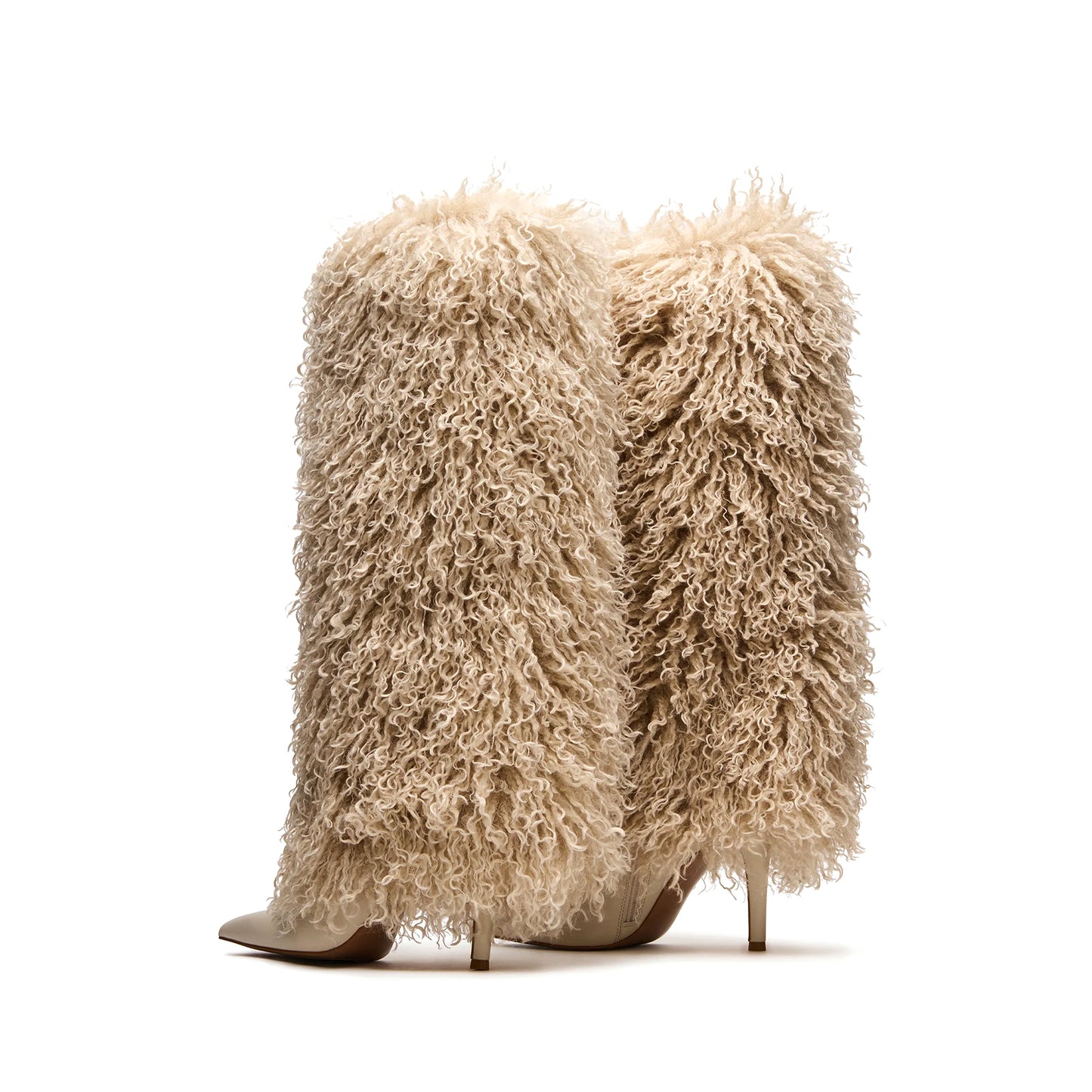 Beige Pointed-Toe Full Plush Wide Calf Knee High Stiletto Boots