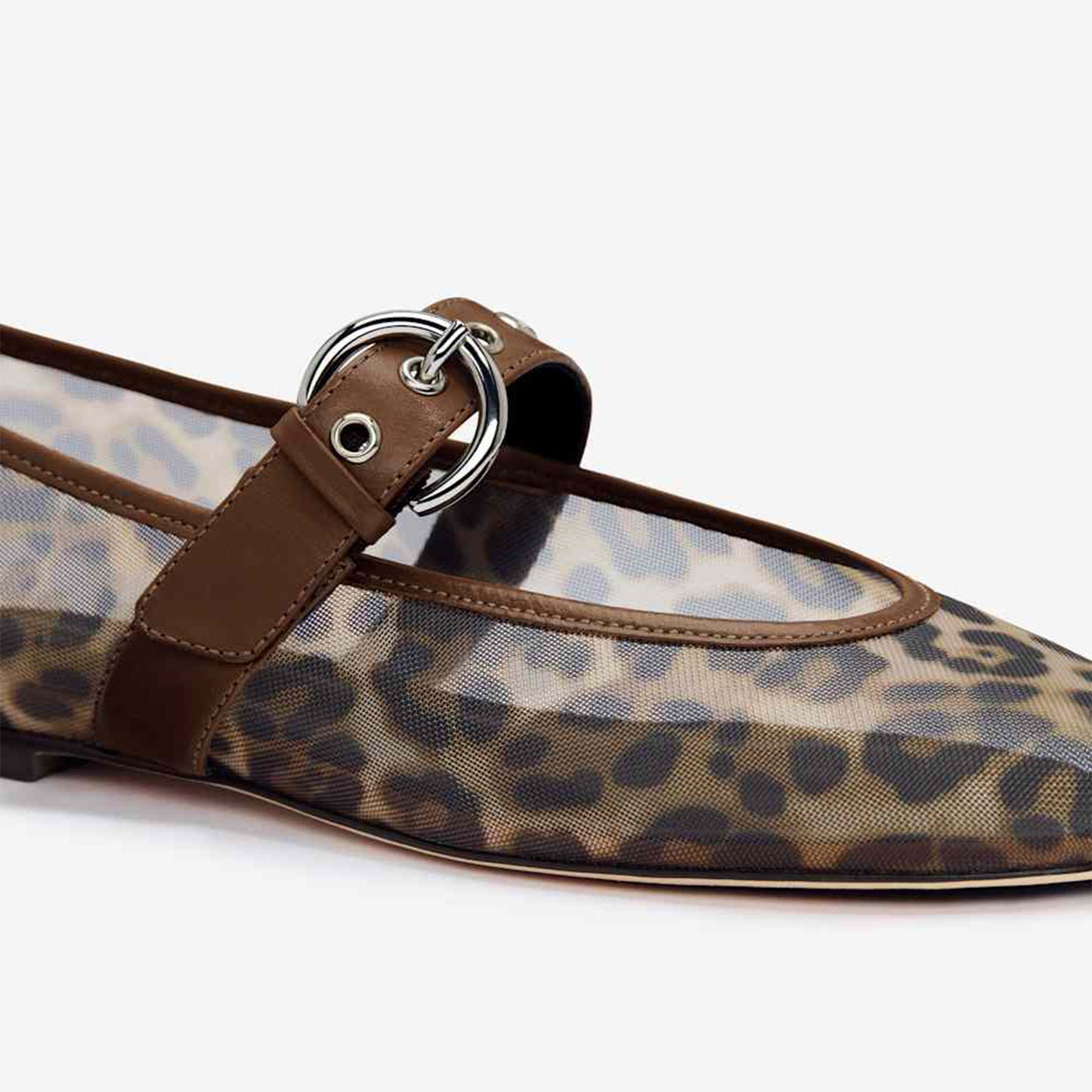 Leopard Mesh Square-Toe Classic Buckle Bridge Strap Ballet Flats