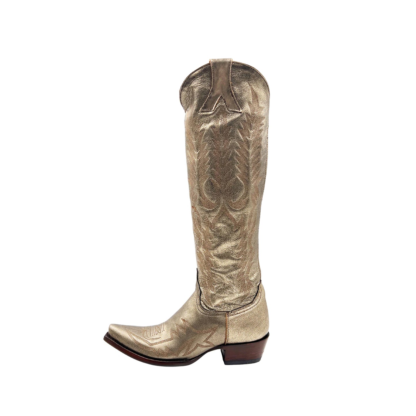 Metallic Gold Snip-Toe Embroidery Half-Zip Knee High Cowgirl Boots